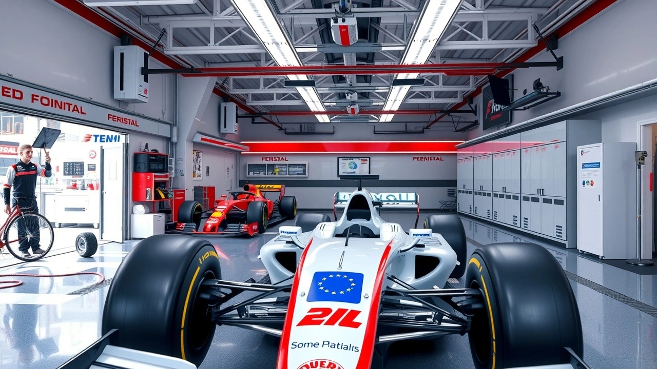 garage d'une équipe de F1 avec contrats financiers