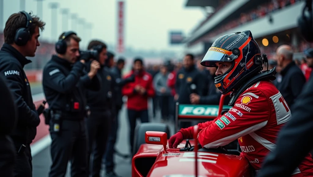 Pilote de F1 gérant la pression médiatique, entouré de journalistes et de caméras, avec une expression de concentration et de résilience, sur un circuit animé