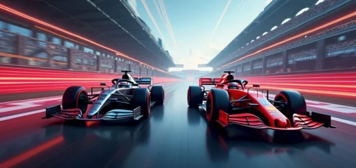 Évolution des innovations en F1, avec des voitures iconiques, ailes aérodynamiques, moteurs hybrides, et technologies de pointe, sur une piste dynamique illustrant le progrès technologique