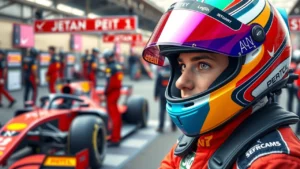 Un jeune pilote de course se préparant pour une course de F1 dans un paddock animé.