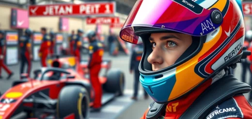 Un jeune pilote de course se préparant pour une course de F1 dans un paddock animé.