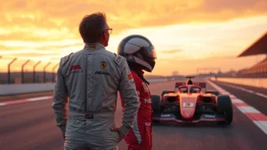 Image de deux pilotes de F1 au crépuscule défiant les attentes.