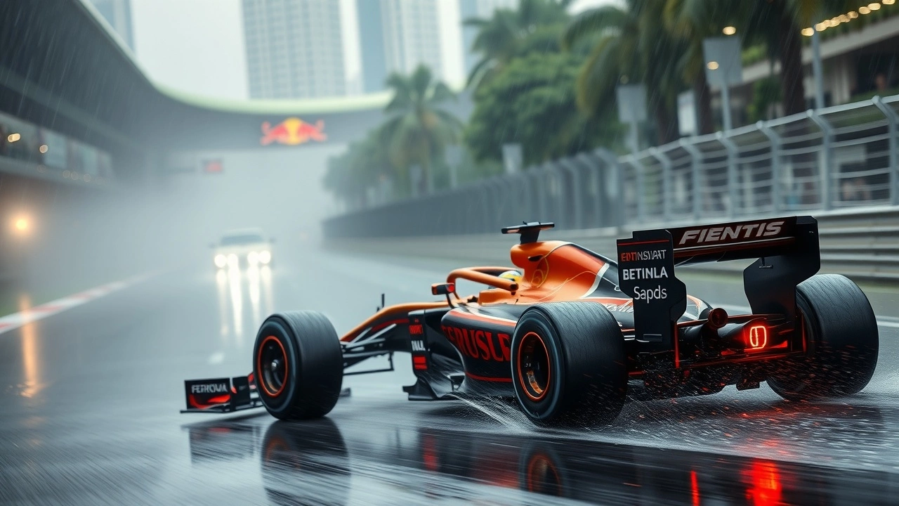 voiture de course sous la pluie sur le circuit de Singapour