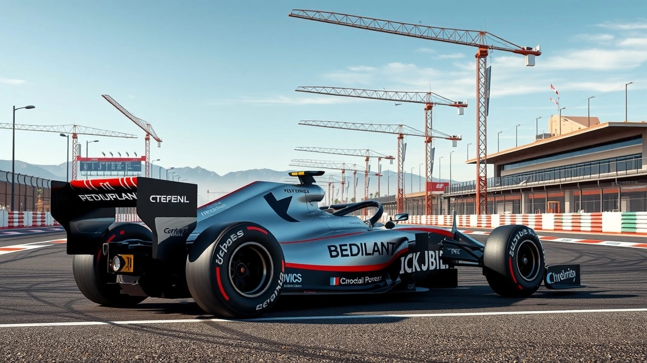 une voiture de F1 sur un circuit en construction à Las Vegas