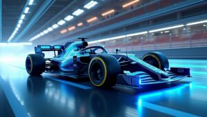 Voiture de F1 futuriste à hydrogène, design aérodynamique avec accents bleus lumineux, sur un circuit de course dynamique