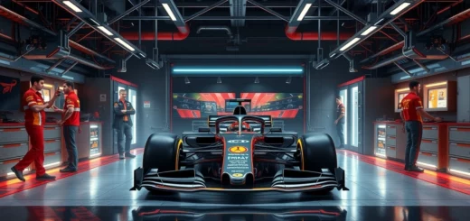 voiture de F1 dans un garage high-tech