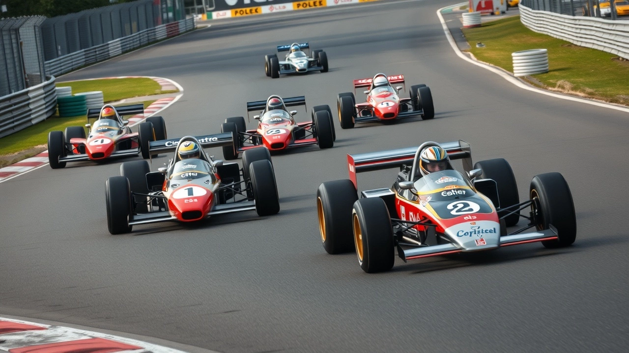 voitures de F1 historiques sur un circuit